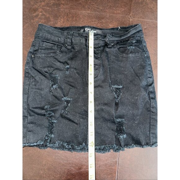 Wax Jean Black Distressed Denim Mini Skirt Frayed Hem & Pockets S - Picture 5 of 5